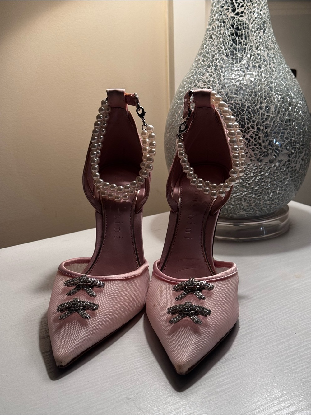 Giani Bernini Pink Satin Pointed-Toe Pearl-Strap Heels with Crystal Accents - Picture 2 of 3